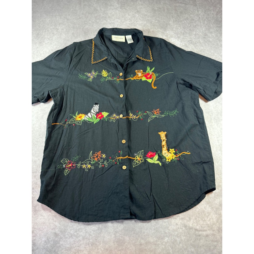 Lemon Grass Safari Embroidered Shirt XL Black Cotton Linen Blend Animal Tropical